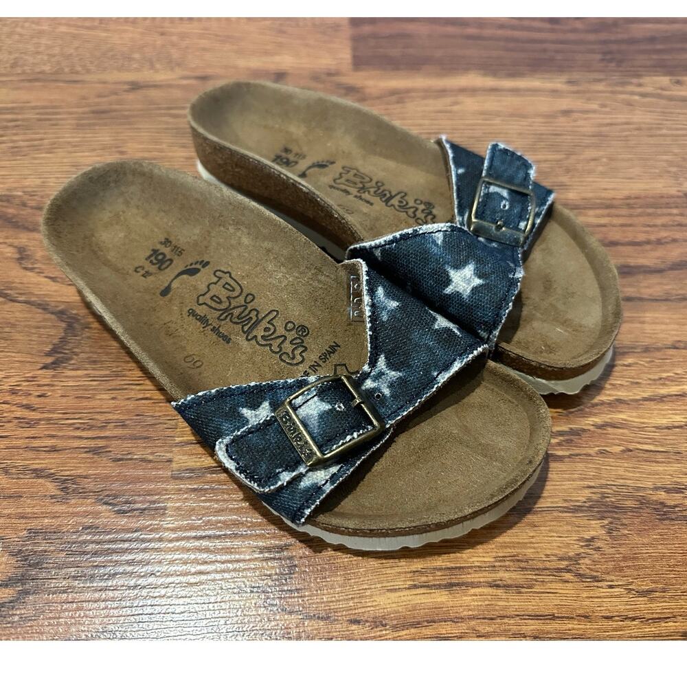 Birki's by Birkenstock Girls Madrid Slides Navy Stars Size 12 Narrow Fit NWT